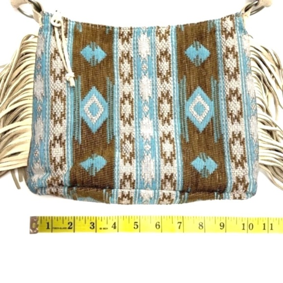 MINNETONKA Baja Western Jacquard Boho chic Suede Fringe Crossbody Bag Ivory Blue - Picture 11 of 12